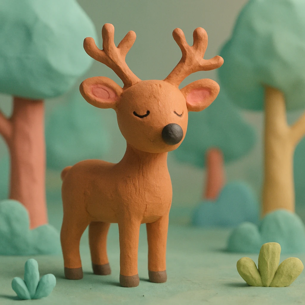 deer standing in a forest, pastel colors, visible fingerprints, playful and textured, claymation style emoji