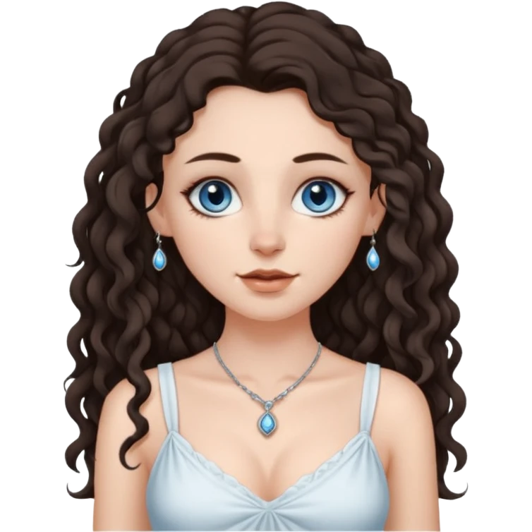 white girl, dark brown long slightly curly hair , skinni but with big breast , septum piercing on nose, beautiful dark gray-blue eyes, in white dress emoji