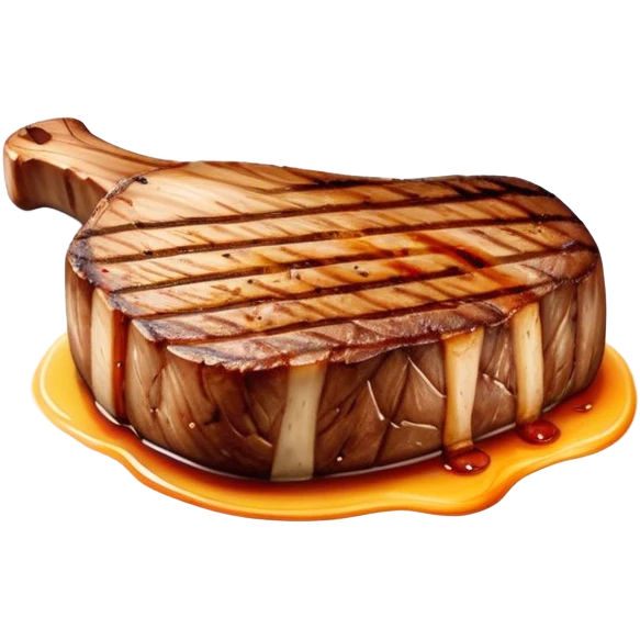 Cinematic thick-cut scotch t-bone steak, perfectly seared with grill marks, a grilled center, rich and savory, warm glow, sizzling and mouthwatering, highly detailed and appetizing. emoji
