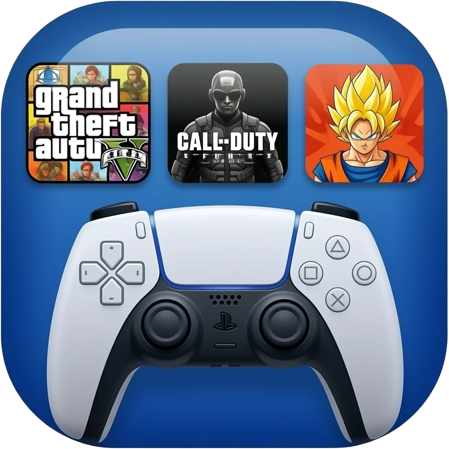 icone avec a l interieur des icone de jeu grand theft auto 5   call off duty et dragon ball z et ubien ecritne mannette ps5 devant emoji