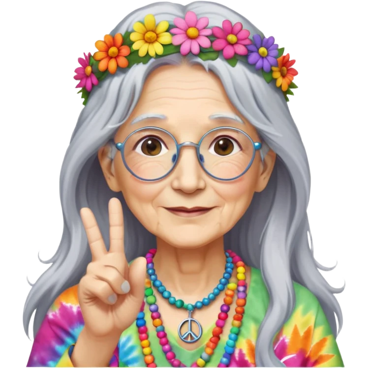 Elderly woman with long gray hair, peace sign necklace, colorful tie-dye clothing, round glasses, flower crown, hippie grandma emoji