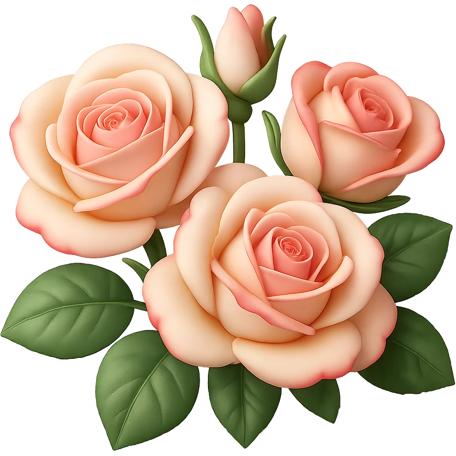Create a square 3D illustration of a bouquet of three white-pink roses with buds and leaves in the style of iOS Apple emoji, featuring voluminous petals, on a transparent background. The style should mimic the detailed, colorful, and slightly glossy look of Apple emojis with a 3D effect. emoji
