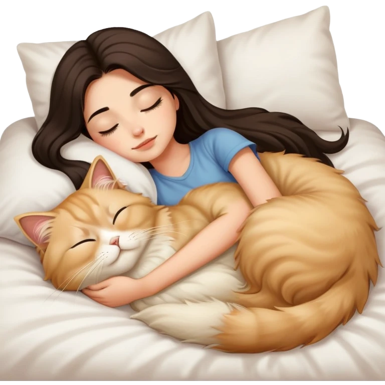 pretty girl with dark long hair sleeping with blonde fluffy  persian cat in bed emoji