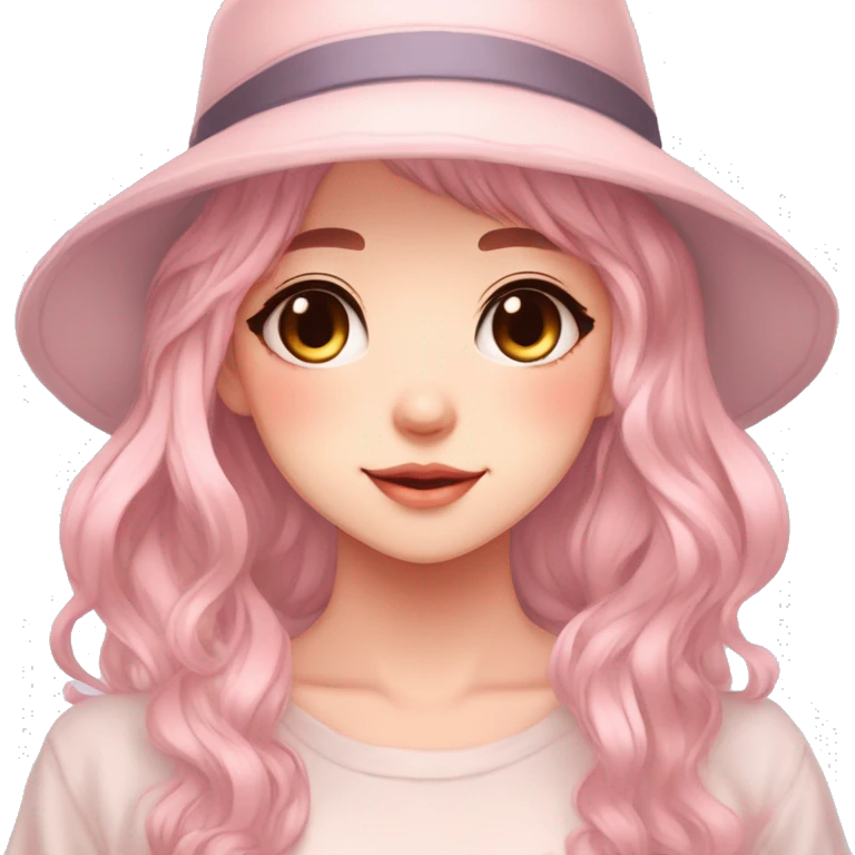 Gorgeous pastel anime girl with blushing face and hair garnitures and pretty hair and a fedora aesthetic trending style emoji