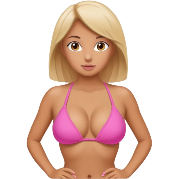 Lady with huge boobs, in a tight bikini, tanned, boobs are so big in tight pink and very revealing bikini, very round/spherical boobs emoji
