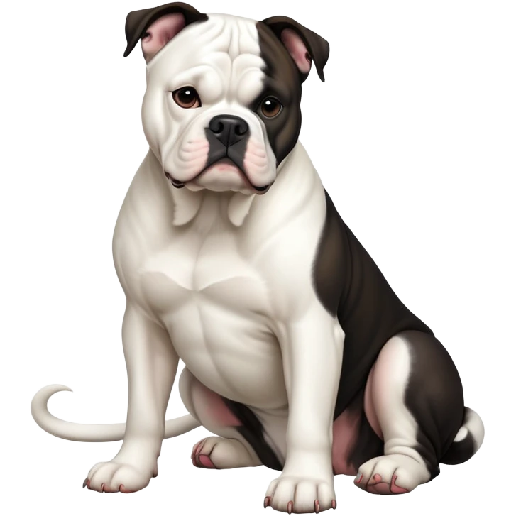 cinematic-[american bulldog]-realistic-full-body-sitting-emoji,-tail-resting-loosely-beside-its-paws,-head-tilted-dramatically,-sleek-[pied black]-fur,-simplified-yet-realistic-focused-features,-highly-detailed,-glowing-with-an-almost-sarcastic-glow emoji