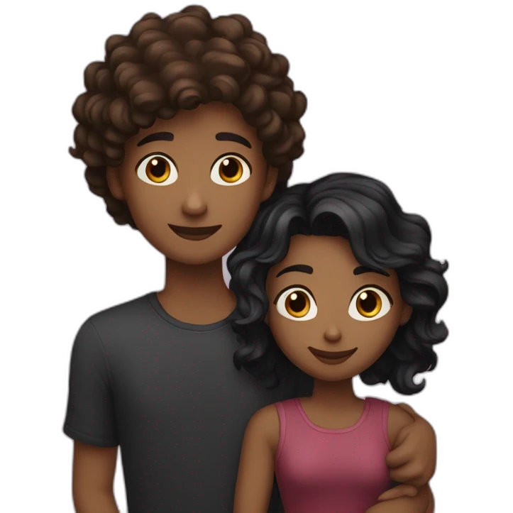 Girl with raven wolfcut hair and boy with brunette wavy hair hugging emoji