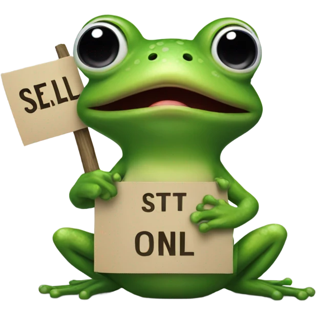 A frog with a sign saying sell emoji