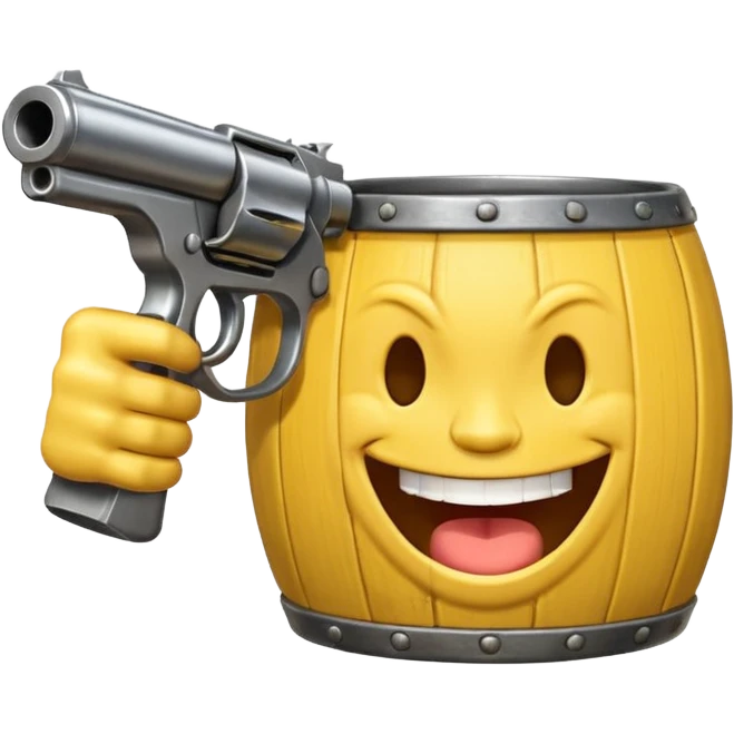 Yellow laughing face pointing gun at its own mount. The barrel of the gun is pointed towards the smile into the mouth. The back of the gun faces the viewer emoji