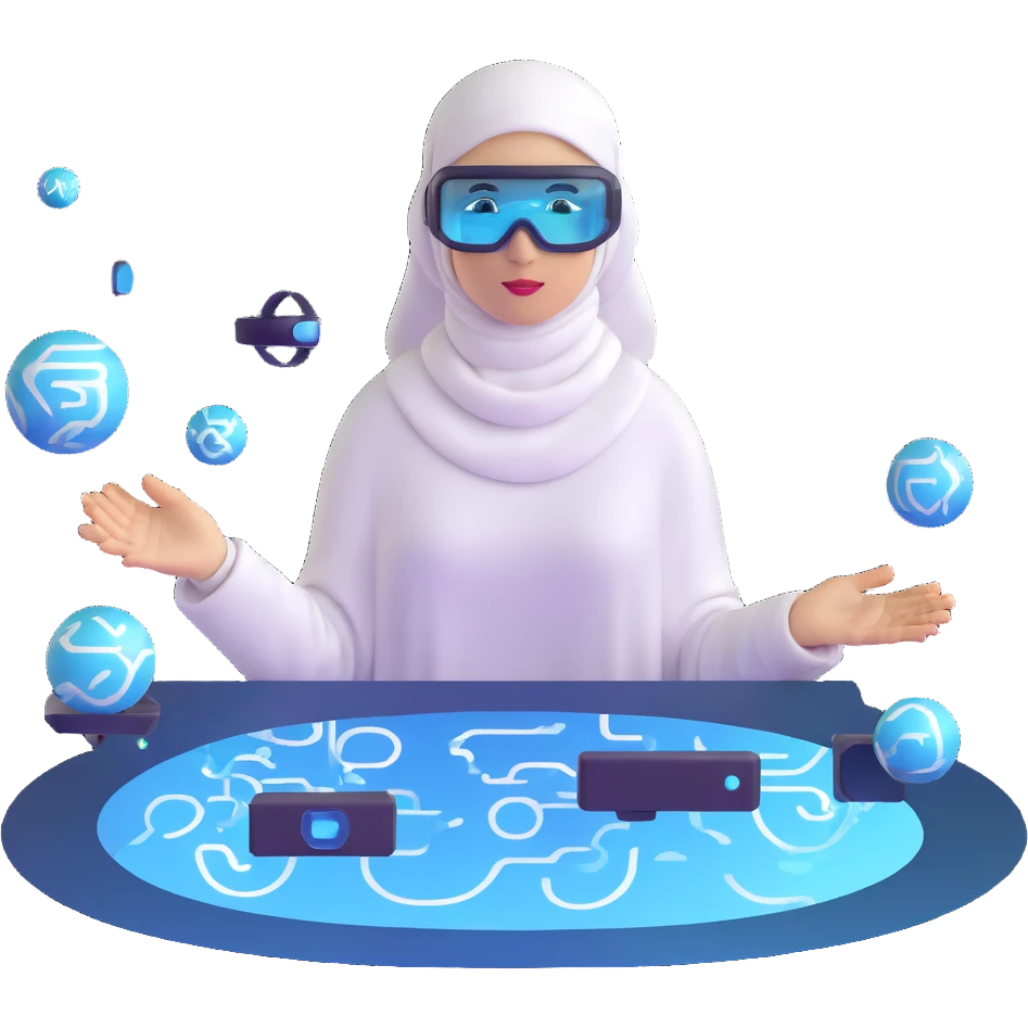 computer engineer with white hijab wearing AR glasses or VR headset, immersed in augmented reality, surrounded by floating metaverse elements, digital codes, virtual machines, tech graphics emoji