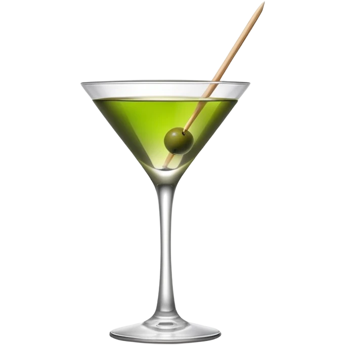 martini glass with absolutely clear water-like liquid, no color tint whatsoever, completely transparent, with a single green olive at the bottom on a wooden toothpick emoji