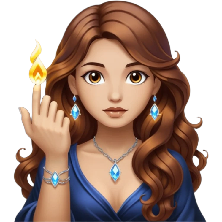 mystic woman long wavy brown hair tattoos lighting crystal with fingertip emoji