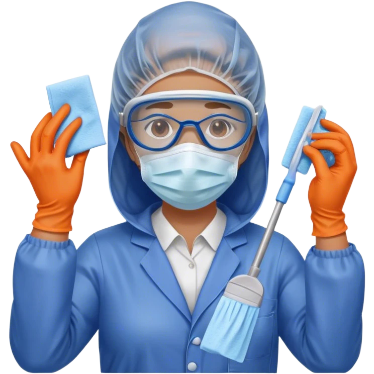 A meticulous cleanroom worker dressed in full protective gear, including a blue sterile suit, a face mask,  and orange gloves.  cleaning glasses with a wipe emoji