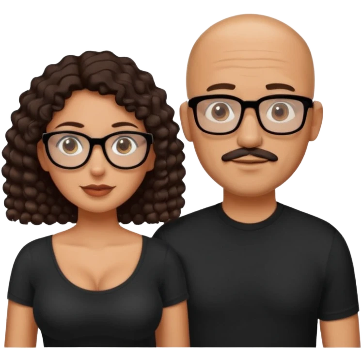 A picture of a tanned couple. the man is a Mexican man with tanned skin, with a bald hair cut, short beard and wearing a black shirt, no glasses. the woman is wearing rectangle shaped glasses, with long curly dark brown hair and with big boobs  emoji