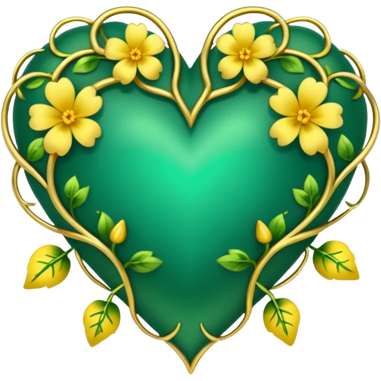 An emerald green heart it’s gold vines and yellow flowers  emoji