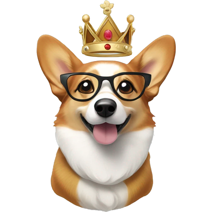 Tri-colored Corgi with a crown and round glasses sniffing the screen emoji
