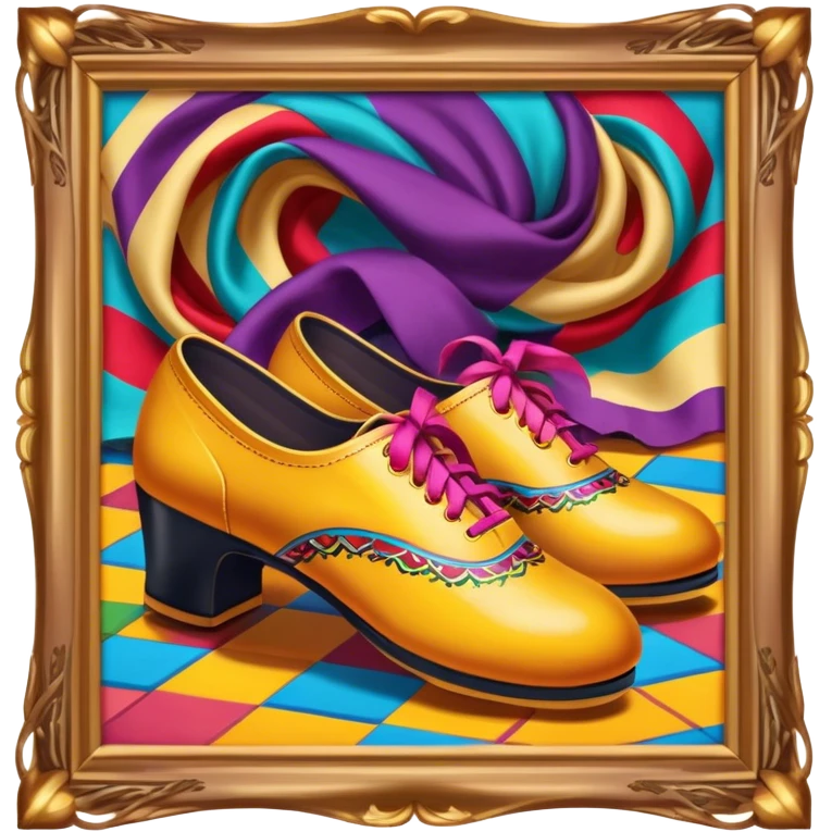 Humanless Icon for Folk Dance: traditional folk dance shoes, a colorful scarf, and a vibrant dance floor. The icon should capture the energy and cultural richness of folk dancing, with emphasis on movement, rhythm, and traditional attire. Transparent background. emoji