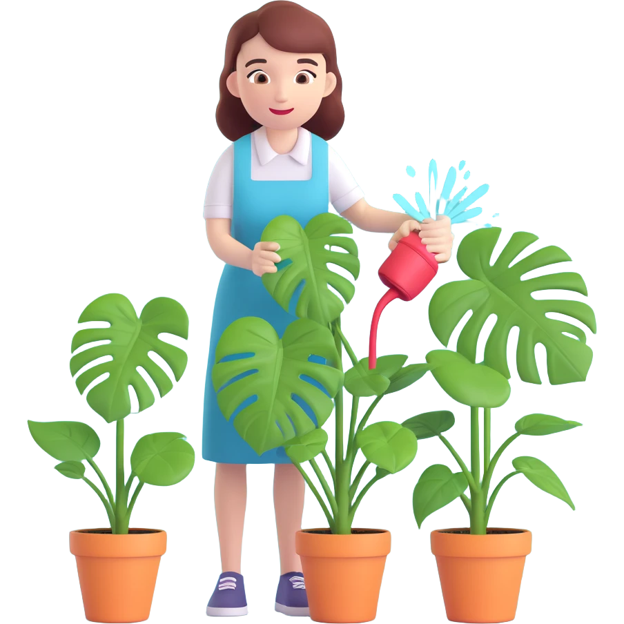 woman watering her monstera plant emoji