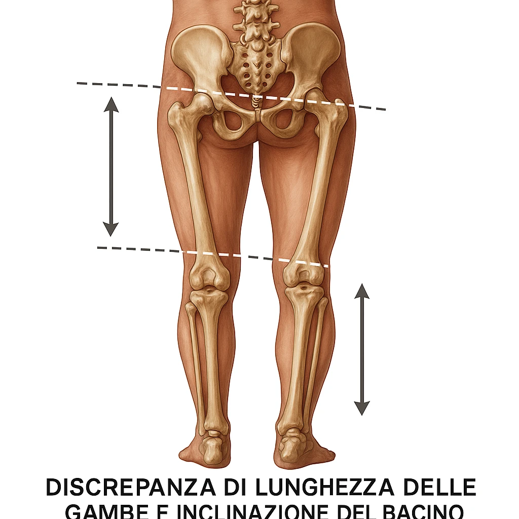 Medical style hyperrealistic posterior view highlighting the difference in leg length: one leg visibly shorter than the other, pelvis tilted for compensation. Add arrows, reference lines, and an anatomical caption in Italian to make the concept immediately understandable. Remove background. Variation 1. emoji