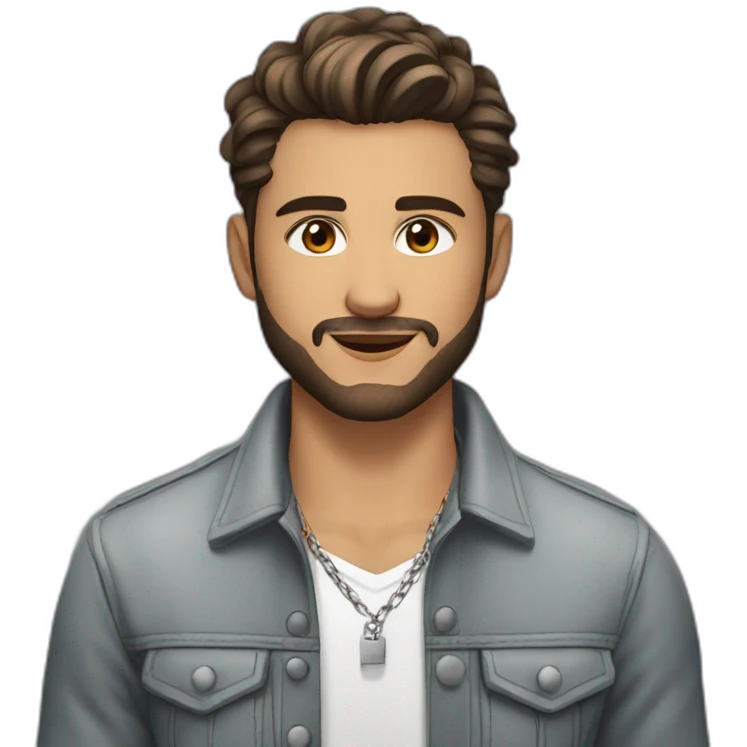 The guy is 23 years old, Alexander, hairstyle on the side, short beard, brown eyes, dressed in an unbuttoned shirt and jacket, silver chain on the neck emoji