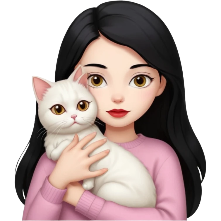 Beautiful Skinny Girl Long Hair black, Brows Big , Skin White, Sweater Pale Pink , Big Red Lips, Eyes coffe,Hug baby Persa Cream Cat With Cute Eyes emoji