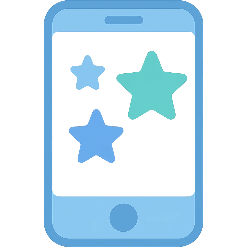 Smartphone icon with three stars inside the screen, flat emoji style, outline with blue and turquoise colors, white background emoji