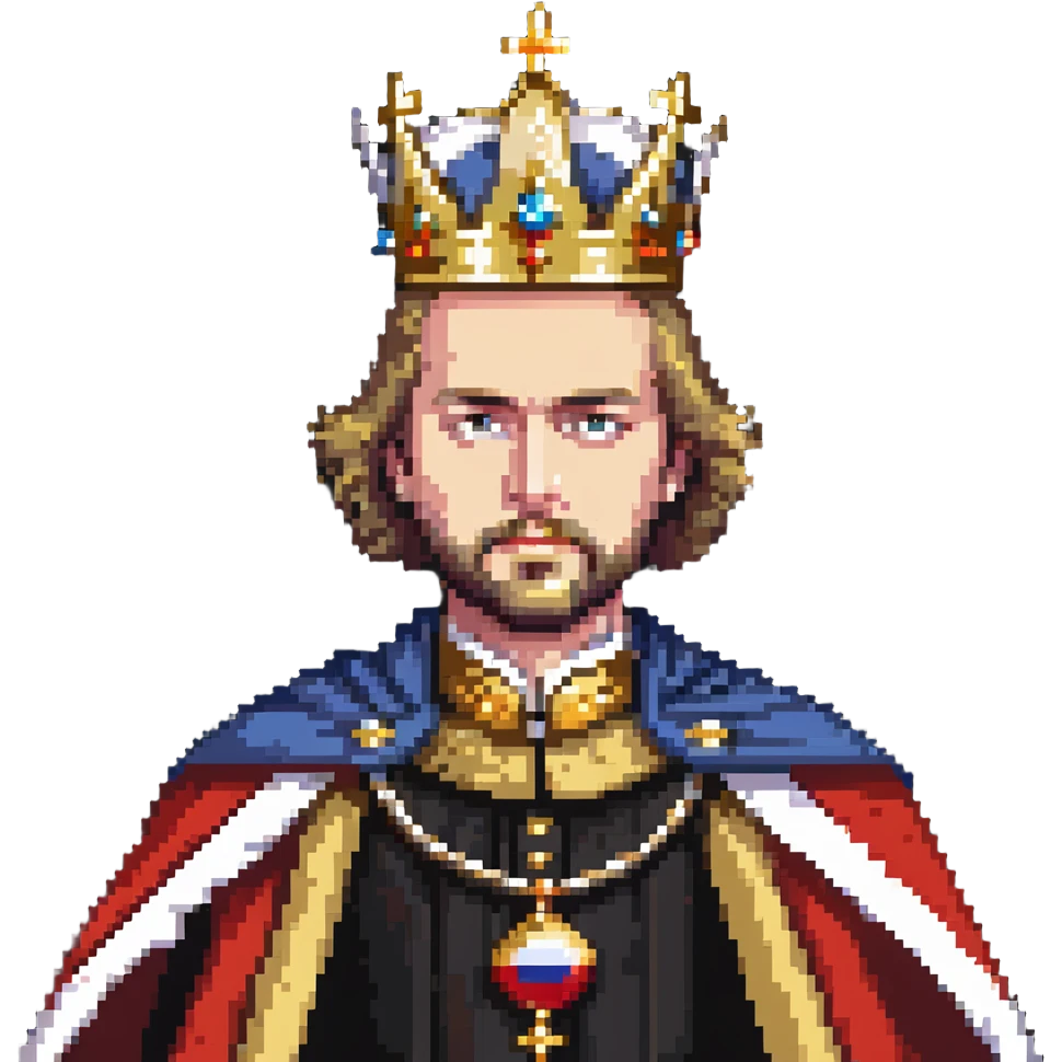Russian Tsar in imperial regalia, gold crown, royal cape, stern expression emoji