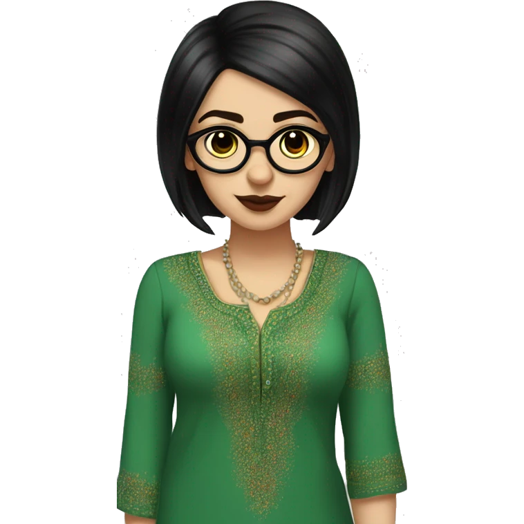 White girl in a green kurta with flower design, glasses, alot of piercing, gay, red lips, nose ring, full body, short straight black edgar hair, black straight hair emoji