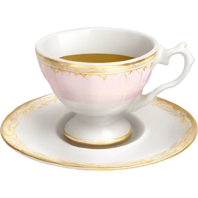 White regency tea cup on a little saucer with gold and light pink patterns emoji
