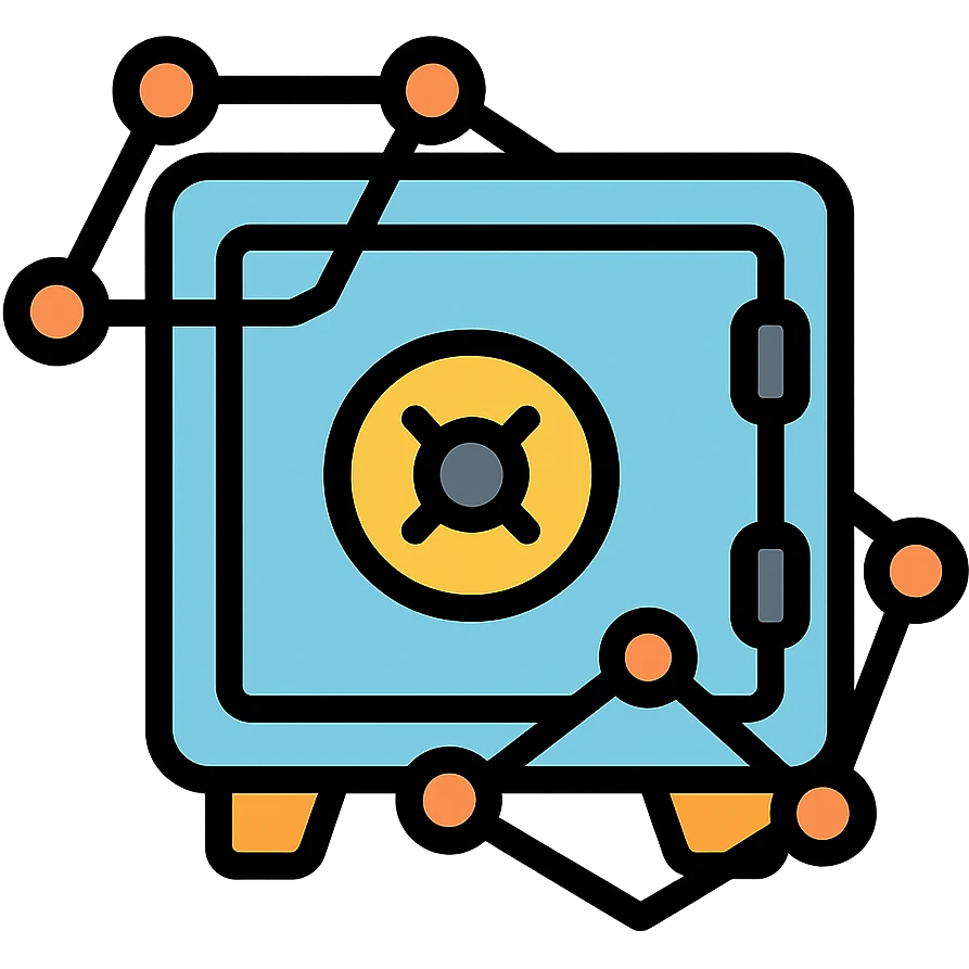 clean modern icon for a loan protocol, stylized vault safe with digital network overlay, symbolizing security decentralized finance emoji