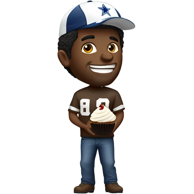 white guy with dark hair wearing a cowboys football hat while holding a cupcake with a grimacing grin on his face emoji