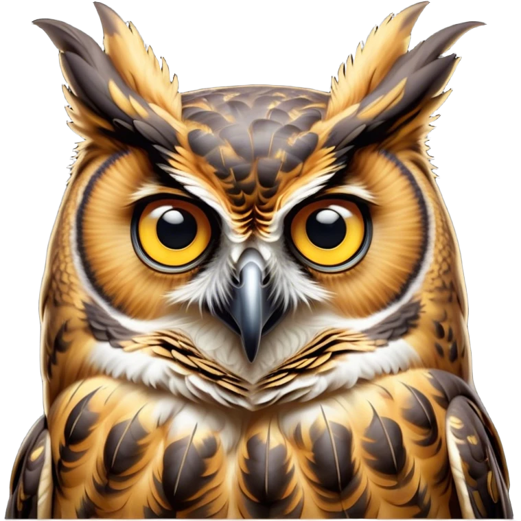 Cinematic Comical Great Horned Owl Portrait Emoji, Head tilted dramatically with an exaggeratedly amused expression, featuring a strikingly patterned mottled plumage with bold contrasts, wide, expressive golden eyes filled with playful disbelief, Simplified yet hilariously expressive features, highly detailed, glowing with a slightly sassy glow, high shine, dramatic yet playful, stylized with an air of cheeky nocturnal mischief, bright and endearing, soft glowing outline, capturing the essence of a spirited and over-the-top owl, so meme-worthy it feels like it could hoot its way into internet fame instantly! emoji