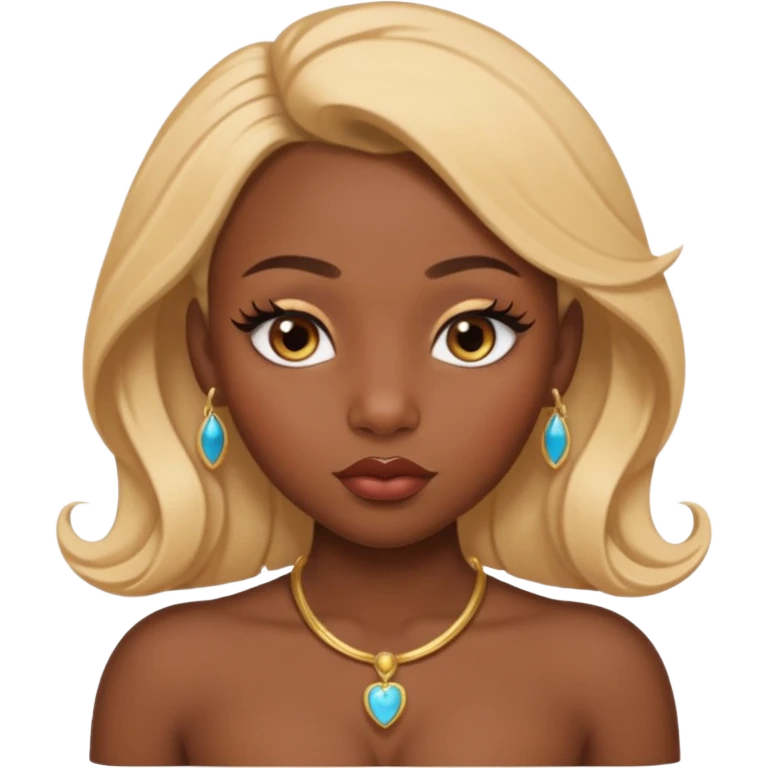 darkskin female with eyebrows that are naturally shaped and frame eyes well, eyes that are almond-shaped with defined lashes. nd lips are full with a defined cupid’s bow, add also a septum piercing that adds an edgy, stylish flair. a middle-part, honey blonde bust-down with laid baby hairs emoji