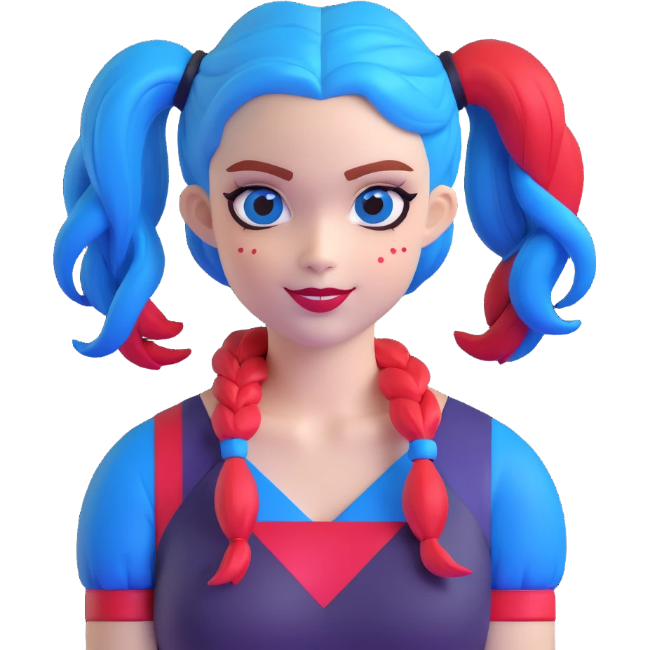 hair styled like Harley Quinn with blue and red pigtails emoji