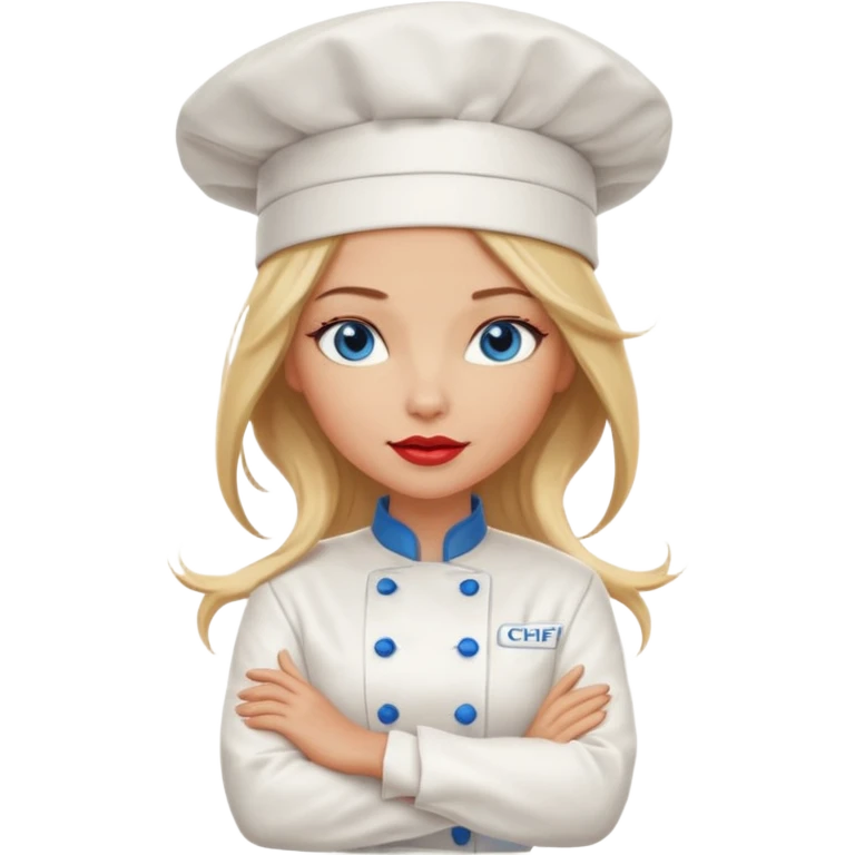 Beautiful, sexy,  long blonde hair, blue eyed, full red lips female chef arms folded  emoji