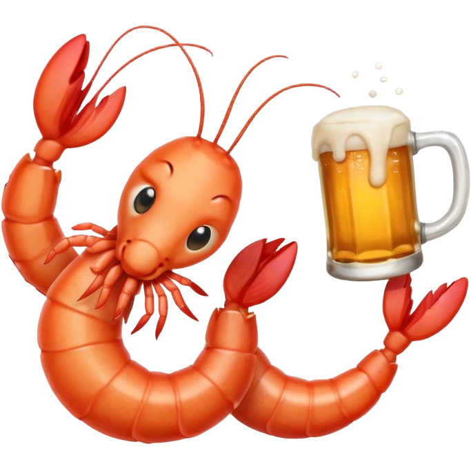 Design a trendy emoji-style illustration of two shrimp peeking from behind text, only half of their bodies visible, curious and playful expressions.
One shrimp holding a beer mug, the other pointing forward.
 emoji