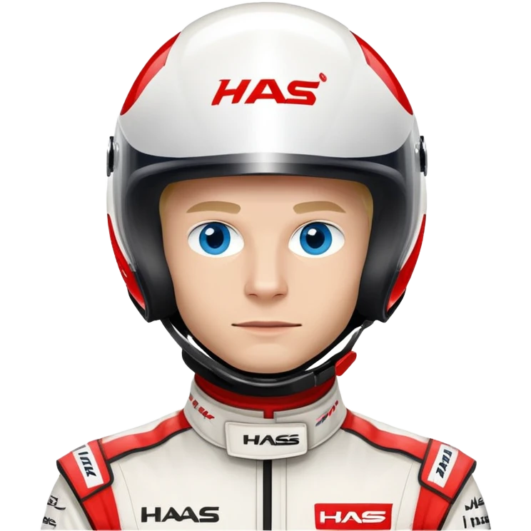 Kevin Magnussen, Formula 1 driver for Haas team, with blue eyes, wearing white and red Haas racing suit and helmet emoji