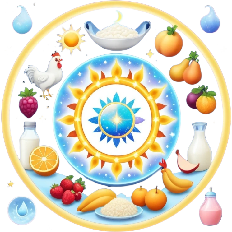 Magical daily fitness nutrition schedule with ethereal water bottle, celestial sun, enchanted chicken and rice plate, mystical gym equipment, glowing yogurt, sparkling fruits, and dreamy sleep symbol, all arranged in a cosmic circle with starry aura emoji