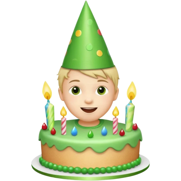 child celebrating birthday, green party hat, green decorations on a small cake, joyful expression emoji
