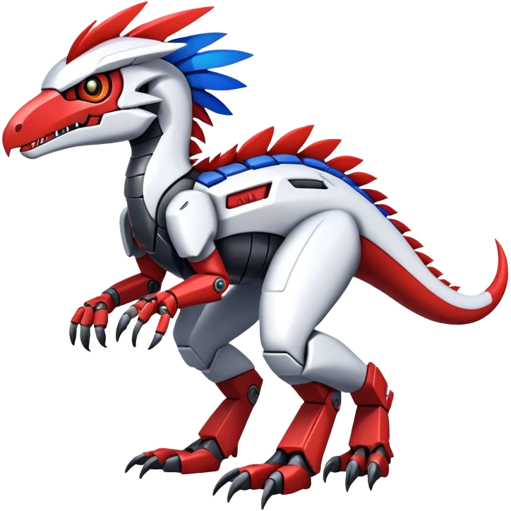 Furry feather-mane Cool Edgy Futuristic shiny colorful Digimon-Fakemon-Guilmon-Velociraptor-Mecha full body   emoji