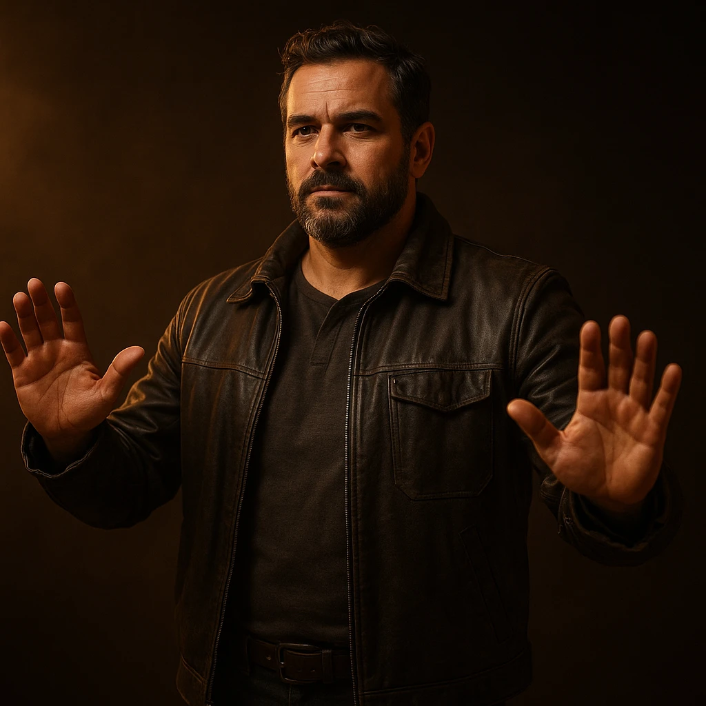 hyper realistic 4K cinematic image of a man with a powerful and protective presence, standing tall with a confident and calm look, warm dramatic lighting, open arms or shielding gesture emoji