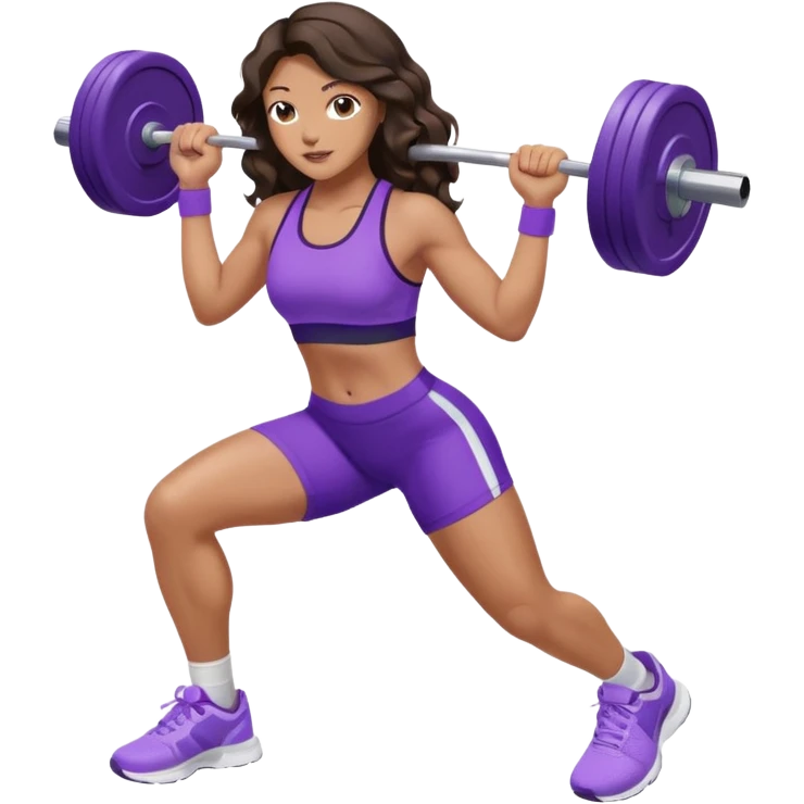 mujer de tez trigueña, con cabello castaño oscuro ondulado con pequeñas ondas, con el cabello super largo hasta las rodillas estilizado, con ropa deportiva morada/lila, tenis blancos deportivos y levantando una pesa emoji