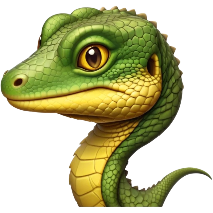 cinematic-realistic-cute-monitor-lizard-portrait-emoji,-head-tilted-playfully-and-inquisitively,-featuring-a-compact,-agile-body-with-finely-detailed,-glossy-scales-in-earthy-olive-hues-and-a-distinct,-alert-face-with-bright,-curious-eyes, yellow and dark green emoji