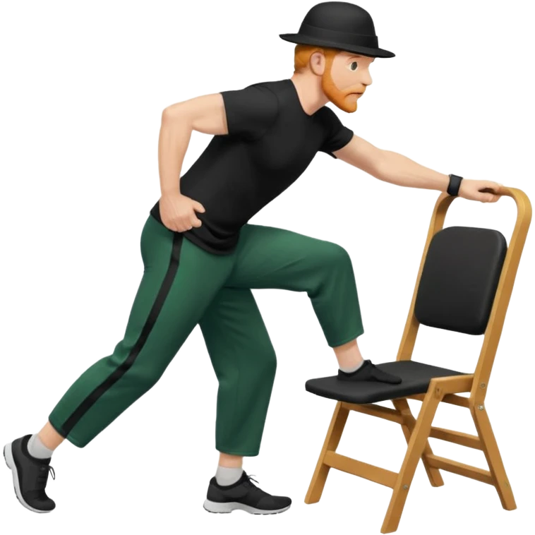 גבר זקן ג'ינג'י מלא כובע שחור הפוך חולמה שחורה ומכנסיים ירוקות ארוכות מבצע תרגיל לאנג' בתמיכת כיסא מהצד שתי רגליים על הרצפה מח^זיק כיסא בידו  תמיכה קלה ידו על משענת הכיסא emoji