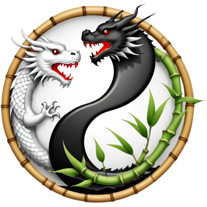 An icon symbolizing Eastern martial arts in the style of an emblem, with a black-and-white Yin-Yang symbol at the center. A dragon is placed on either side, representing strength and wisdom. The design includes bamboo and traditional elements. Transparent background emoji