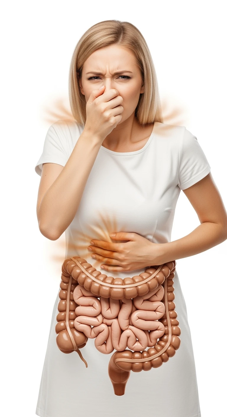 DONNA CHE SI TIENE LA PANCIA CON LA MANO E SI TAPPA IL NASO PER LA PUZZA, INTESTINO UMANO ANATOMICO IN EVIDENZA, ISOLATA SU SFONDO BIANCO emoji