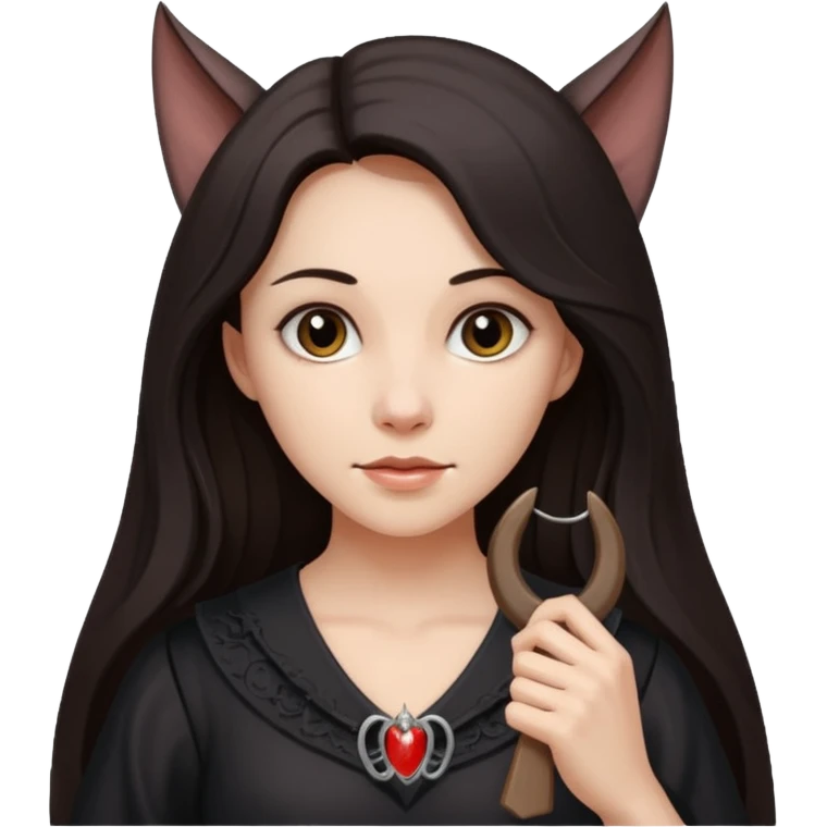 woman with long dark hair holding a horsehoe bat emoji
