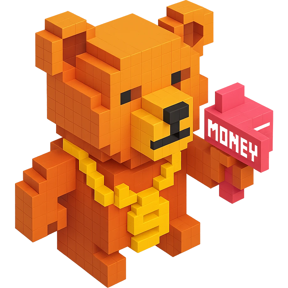 Russian grizzly bear wearing a rapper chain and holding a money gun emoji