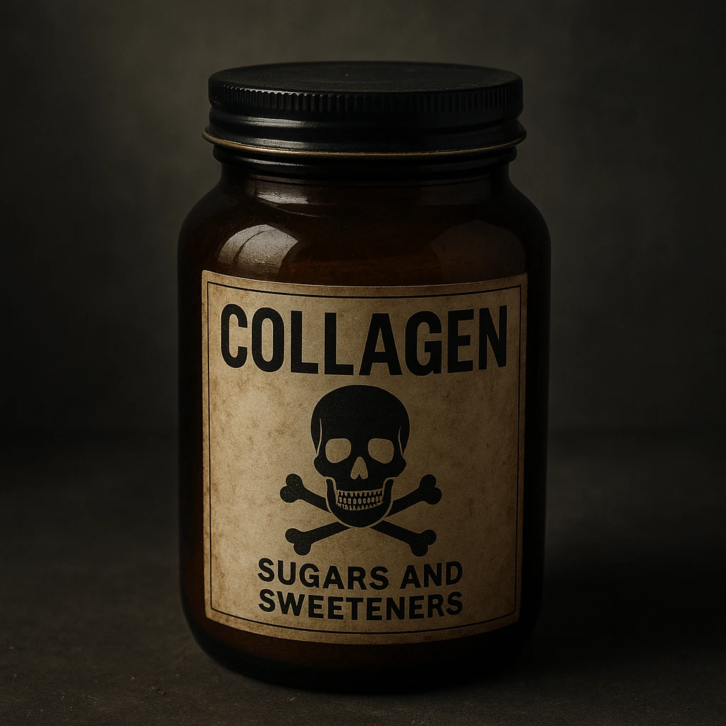 realistic collagen jar seen as poison, label with sugars and sweeteners, skull or toxic symbol, threatening atmosphere, neutral background emoji
