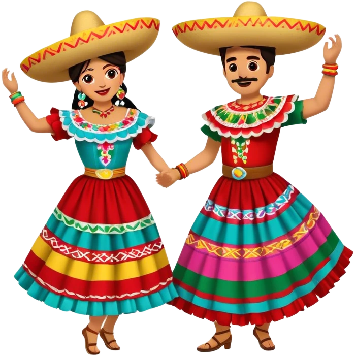 Cinematic Realistic scene of two performers dancing the Jarabe Tapatío, dressed in colorful traditional Mexican costumes with intricate embroidery, captured in energetic, festive motion with vibrant, celebratory lighting emoji